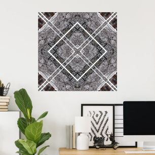 Geometrisch patroon met besneeuwde winterbomen poster