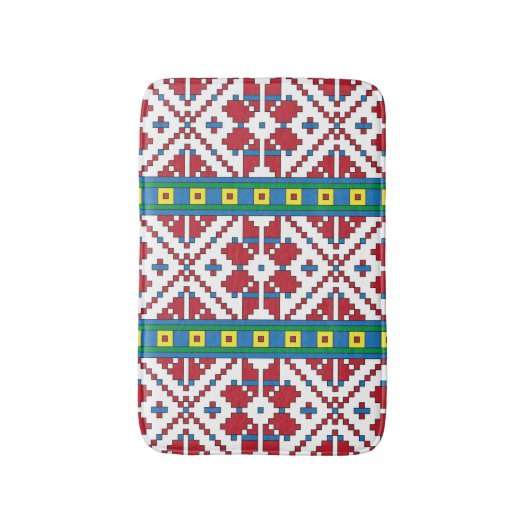 Geometrisch patroon met trale rode, blauwe en witt badmat (Voorkant Verticaal)