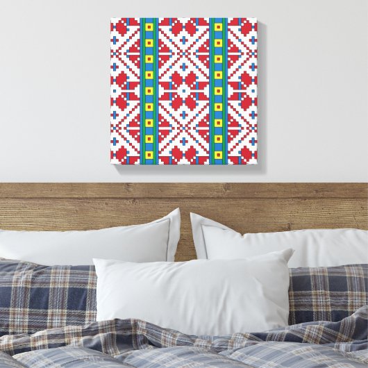 Geometrisch patroon met trale rode, blauwe en witt canvas afdruk (Insitu (Slaapkamer))