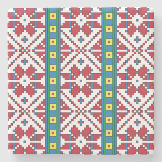 Geometrisch patroon met trale rode, blauwe en witt stenen onderzetter (Voorkant)