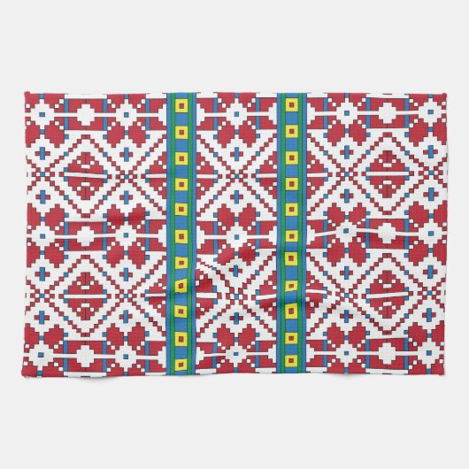 Geometrisch patroon met trale rode, blauwe en witt theedoek (Horizontaal)