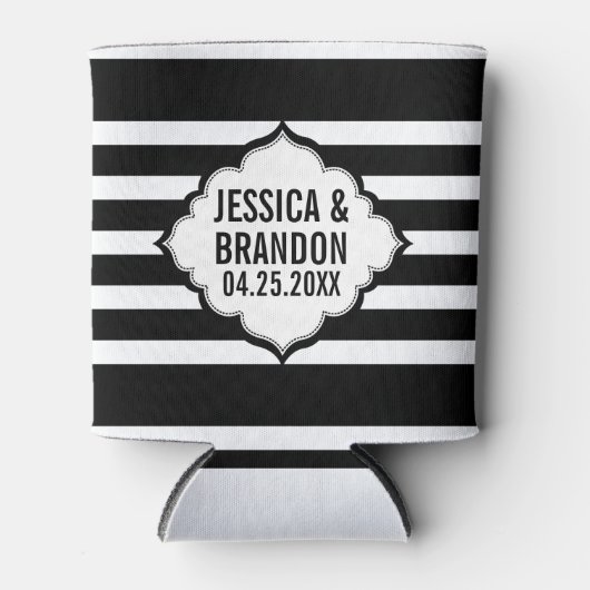 Geometrisch patroon met zwarte en witte strepen blikjeskoeler (Voorkant)