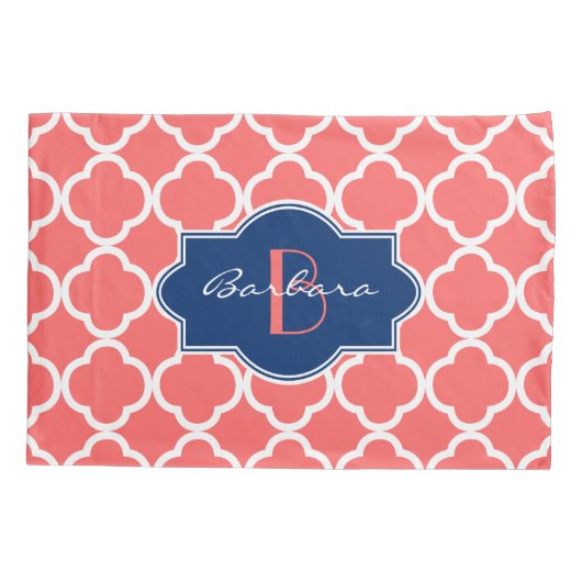 Geometrisch patroon van koraal en wit Quatrefoil Kussensloop (Achterkant)