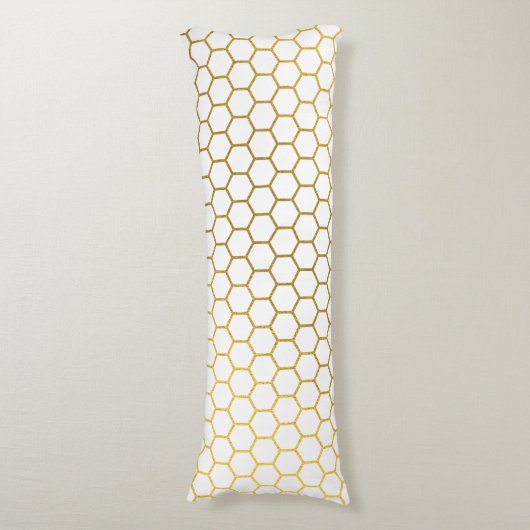 Geometrisch patroon van witte en goudhexagon lichaamskussen (Voorkant Verticaal)