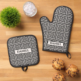 Geometrisch patroon zwart-wit met aangepaste naam ovenwant & pannenlap set