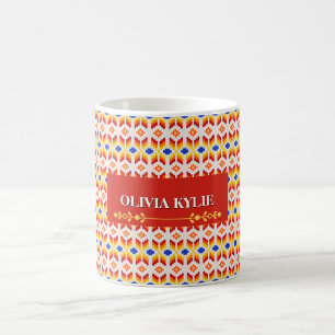 Geometrisch Pixel Bloemmotief in Rood Oranje Geel Koffiemok