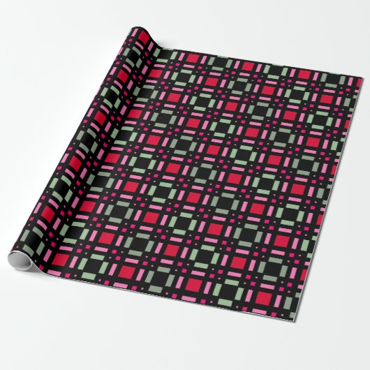 Geometrisch plaid groen rood zwart strepen cadeaupapier (Uitgerold)