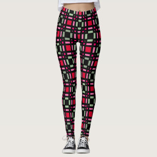 Geometrisch plaid groen rood zwart strepen leggings