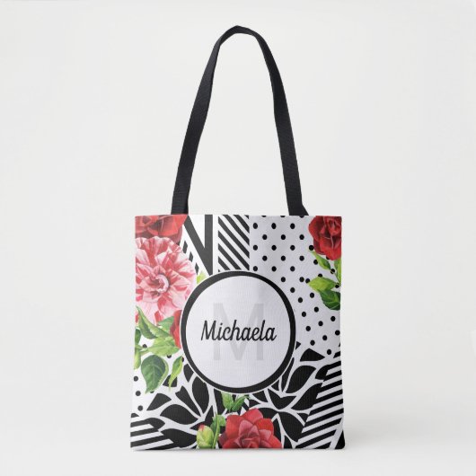 Geometrisch Rood Bloemmotief Monogram Draagtas (Voorkant)