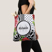 Geometrisch Rood Bloemmotief Monogram Draagtas (Dichtbij)
