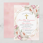 Geometrisch Roze Bloemen Eerste Heilige Communie Kaart (Voorkant / Achterkant)