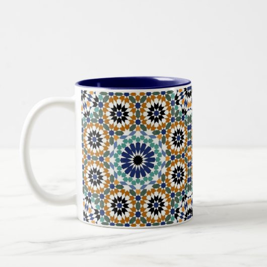 Geometrisch Turks Blauw en Bruin ontwerp Tweekleurige Koffiemok (Links)