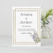 Geometrisch wit goud lavendel roze bloemen bruilof kaart (Staand voorkant)