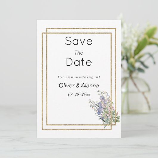 Geometrisch wit goud roze bloemen Save The Date Kaart (Staand voorkant)