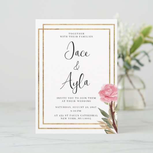 Geometrisch wit goud roze mint bloem bruiloft kaart (Staand voorkant)