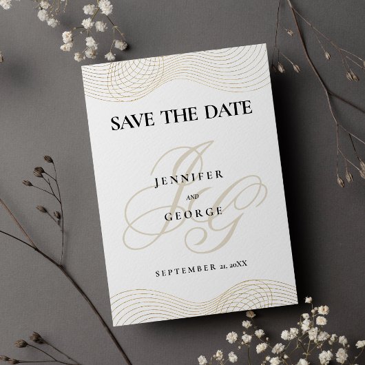 Geometrisch witgouden monogram Save The Date