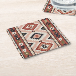 Geometrisch Zuidwesters Stam Kilim in Terracotta Vierkante Kartonnen Onderzetter