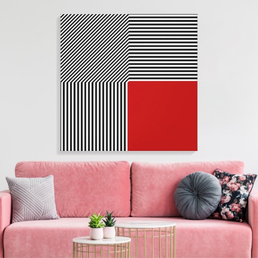 Geometrische abstractie, strepen B/W rood vierkant Canvas Afdruk (Insitu (Woonkamer))