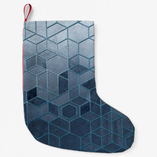 Geometrische abstractie van zeshoeken op een blauw kleine kerstsok