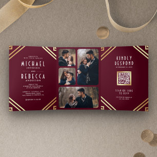 Geometrische Art Deco bordeauxrood gouden QR-code  Drieluik Uitnodiging