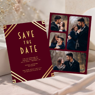Geometrische Art Deco Bourgondië Goud Foto Bruilof Save The Date