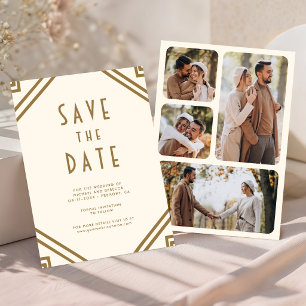Geometrische Art Deco Crème Goud Foto Bruiloft Save The Date