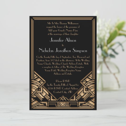 Geometrische Art Deco Gatsby Stijl Bruiloft uitnod Kaart (Staand voorkant)