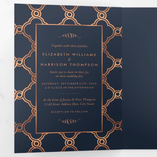 geometrische Art Deco Gatsby Wedding Suite Drieluik Uitnodiging (Binnenzijde eerst)