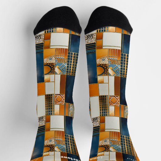 Geometrische Art Deco patchwork in blauw en goud Sokken (Top)