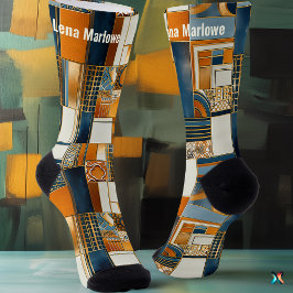 Geometrische Art Deco patchwork in blauw en goud Sokken