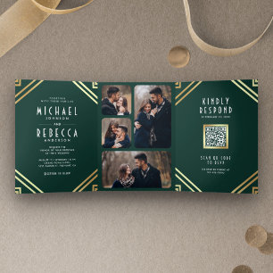 Geometrische Art Deco Smaragd Gouden QR Code Bruil Drieluik Uitnodiging