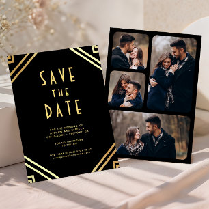 Geometrische Art Deco Zwarte Gouden Foto Bruiloft Save The Date