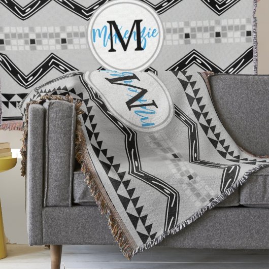 Geometrische Azteek zwart en grijs monogram patroo Deken