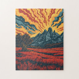 Geometrische bergtoppen en rode veld grafische kun legpuzzel