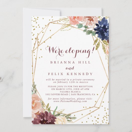Geometrische bijtende Gold Glitter Elopement Recep Kaart (Voorkant)