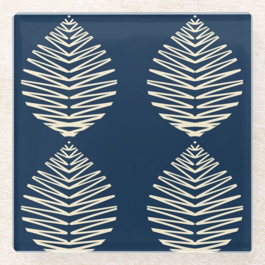 Geometrische Bladeren | Marine & Beige Glazen Onderzetter (Voorkant)