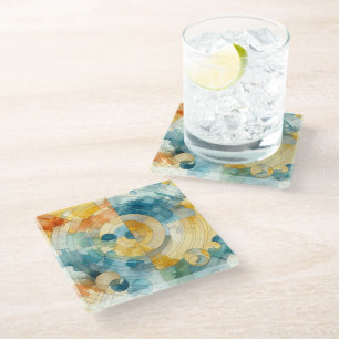 Geometrische Blauwe en Gele Abstracte Waterverf Glazen Onderzetter