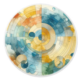 Geometrische Blauwe en Gele Abstracte Waterverf Keramische Knop