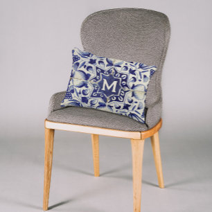  Geometrische Blauwe Tile Monogrammen Accent Kussen