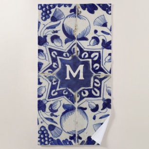 Geometrische Blauwe Tile Monogrammen Strandlaken