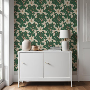 Geometrische bloem groen beige lelie patroon behang