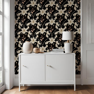 Geometrische bloem zwart beige lelie patroon behang