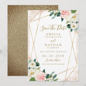 Geometrische Bloemen Blush Gold Wedding Save the D Kaart (Voorkant / Achterkant)