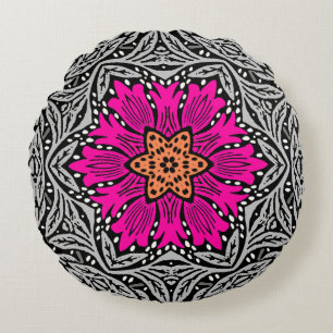 Geometrische bloemen - Fuchsia Pink en Grey Rond Kussen