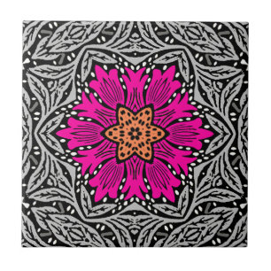 Geometrische bloemen - Fuchsia Pink en Grey Tegeltje