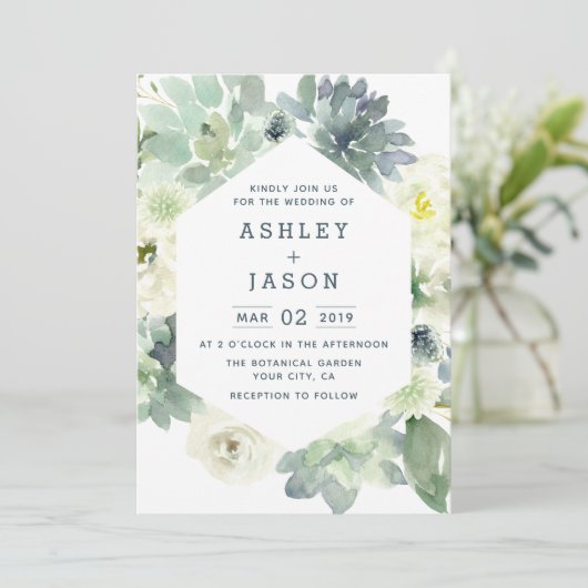 Geometrische bloemen succulent bruiloft uitnodigin kaart (Staand voorkant)