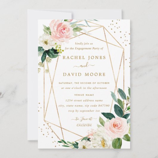 Geometrische Blush Gouden Bloem Bruiloft Uitnodigi Kaart (Voorkant)