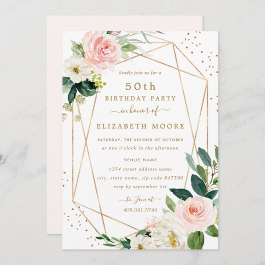 Geometrische Blush Gouden Bloemen 50e Verjaardag U Kaart (Voorkant / Achterkant)