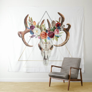 Geometrische boho bloemenstier schedel wandkleed