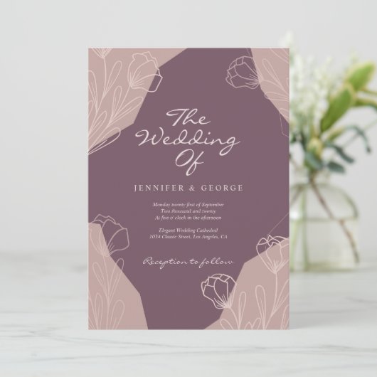 Geometrische bordeaux crème mooie bloemen bruiloft kaart (Staand voorkant)